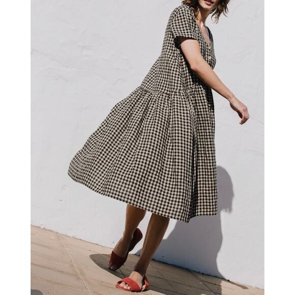 Not Perfect Linen Brown Gingham V-Neck Button Front Linen Midi Dress L - Picture 2 of 10